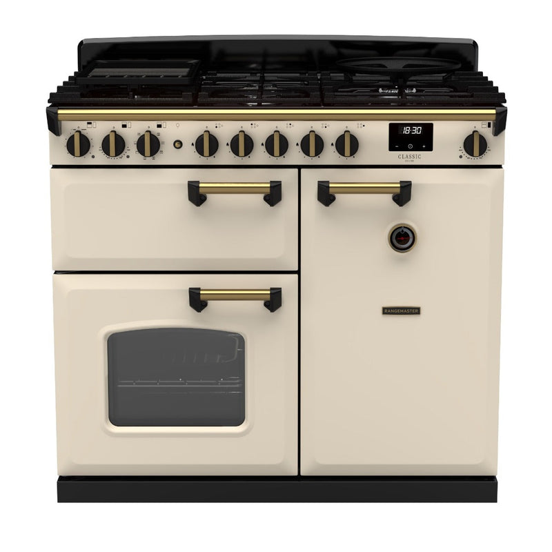 Rangemaster Classic Deluxe 100cm Dual Fuel Range Cooker - Pale Cream/Antique Brass | CLDL100DFPPCR/AB1