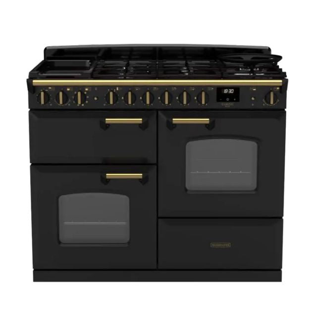 Rangemaster Classic Deluxe 110cm Dual Fuel Range Cooker - Charcoal Black/ Antique Brass | CLDLO110DFPCBL/AB1