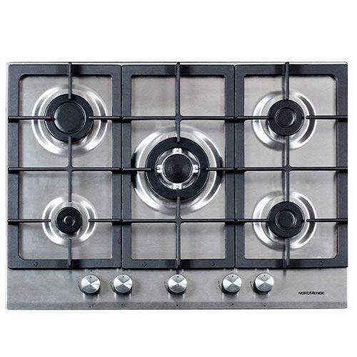 NordMende HGX703IX 70cm 5 x Burner Gas Hob 1 x Wok Burner Cast Iron Pan Supports Stainless Steel