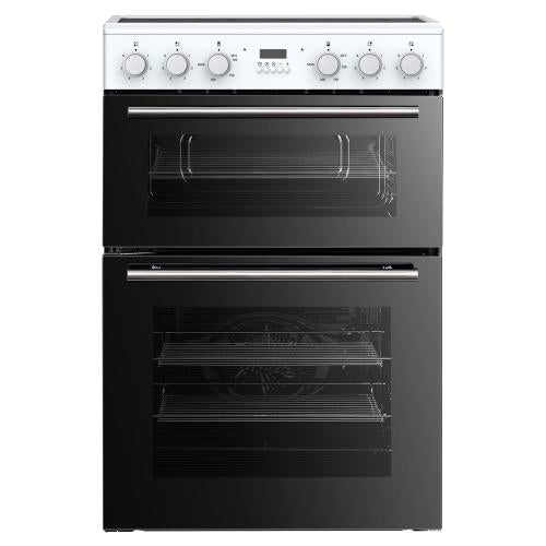 White and black electric double cooker with built-in digital timer, dual glass door ovens, and metallic dial controls.