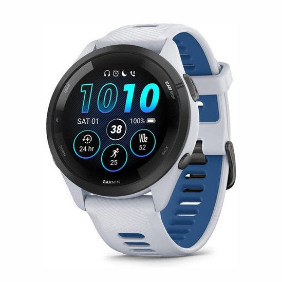 Garmin Forerunner 265 Music Smartwatch - Black Bezel with Whitestone Case and Whitestone/Tidal Blue Silicone Band | 010-02810-11