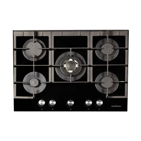 NordMende 70cm 5 x Burner Gas Hob 1 x Wok Burner Cast Iron Pan Supports - Black Glass | HGX703BGL
