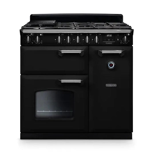 Rangemaster Classic 90cm Dual Fuel Range Cooker - Gloss Black with Chrome Trim | CL90DFPGBL/CM1