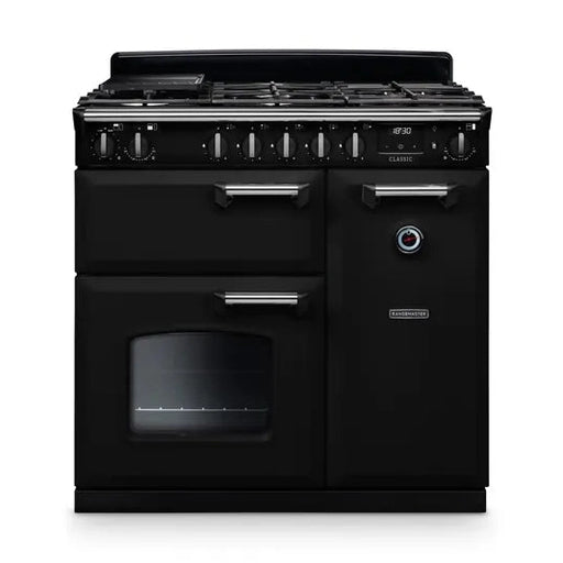 Rangemaster Classic 90cm Dual Fuel Range Cooker - Gloss Black with Chrome Trim | CL90DFPGBL/CM1